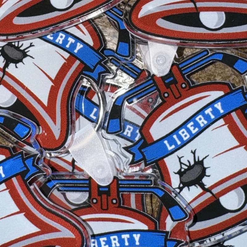 Liberty die-cut logo keychains — bulk order spread