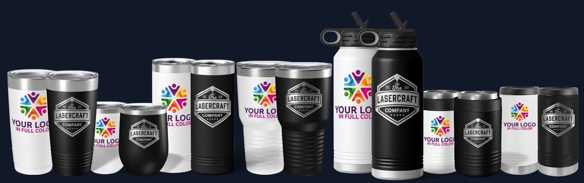 Custom drinkware — UV printed and laser engraved tumblers
