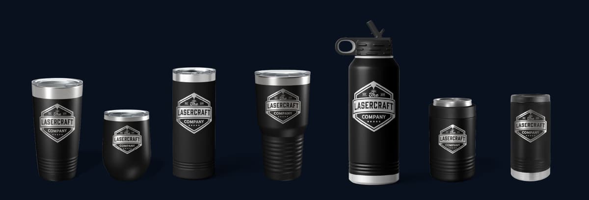 Laser engraved black tumblers — full product lineup with permanent logo etching