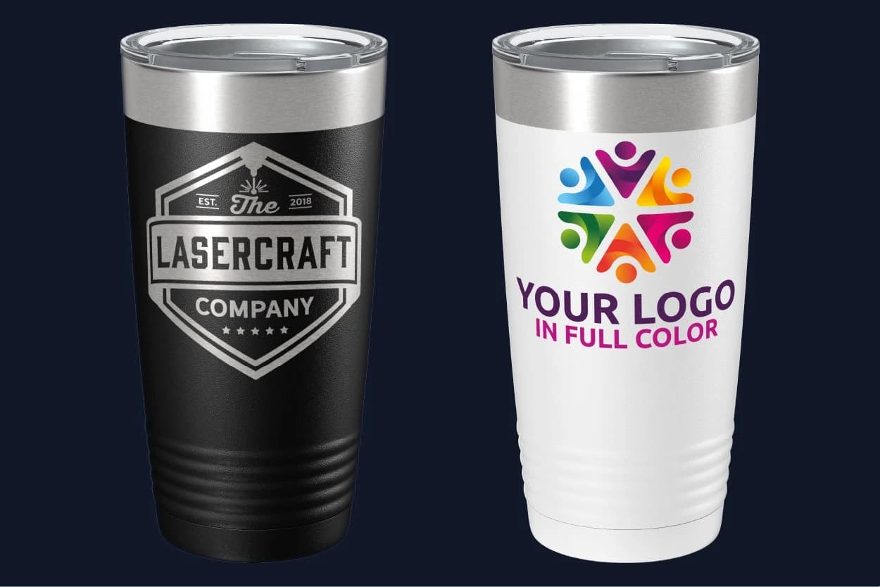Laser engraved black tumbler and full-color UV printed white tumbler side by side