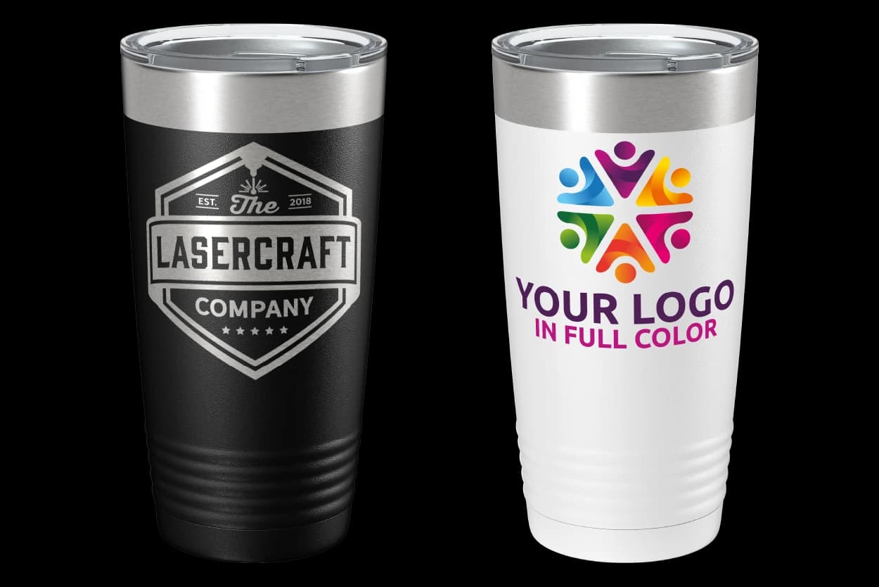 Laser engraved black tumbler and full-color UV printed white tumbler side by side