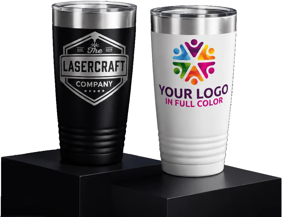 Custom branded tumblers, mugs, poker chips, and gifts with logos engraved and UV printed