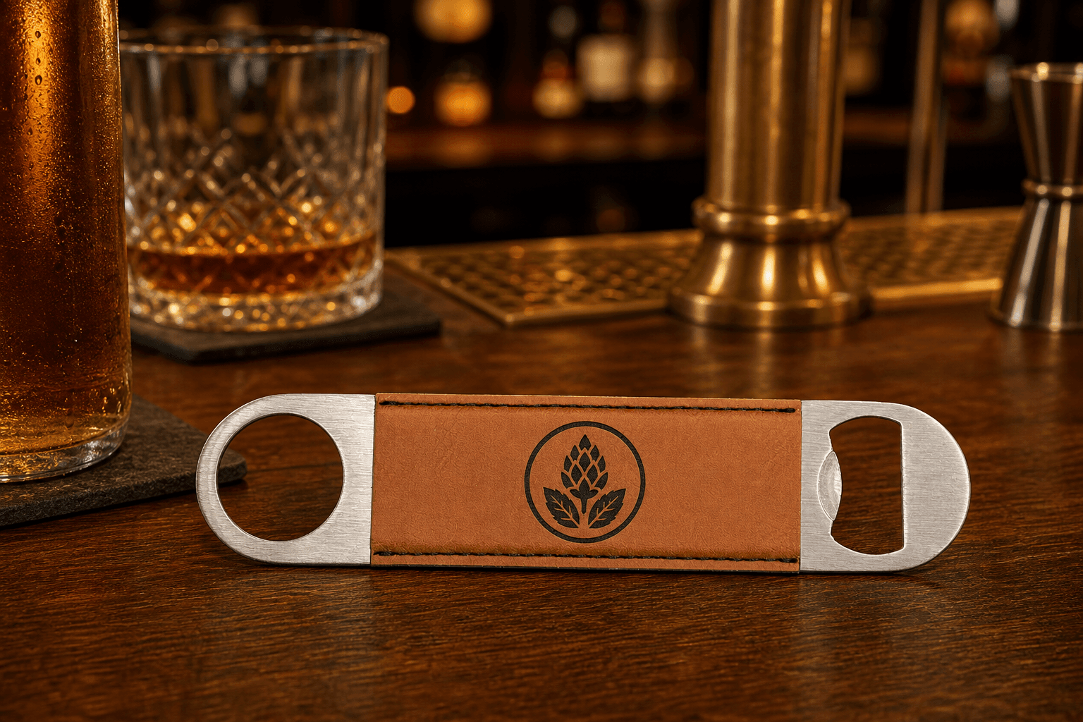 An engraved leatherette bottle opener on a bar top beside a whiskey glass