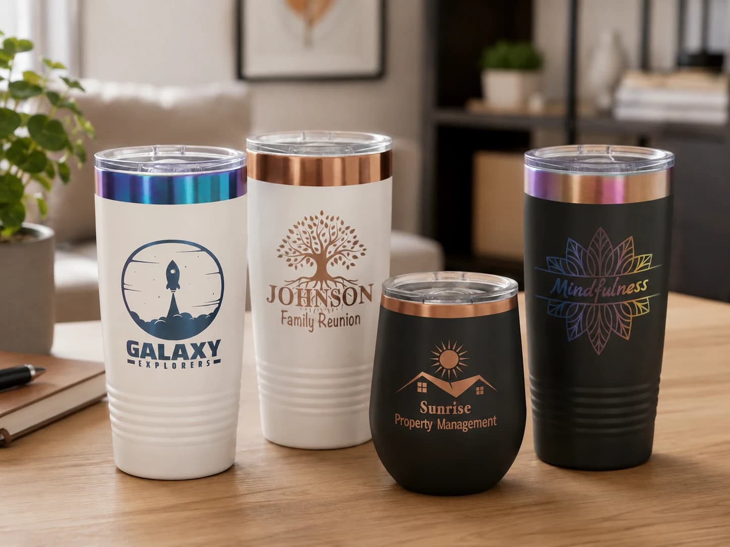 A line-up of engraved tumblers in white, cream and black with custom designs