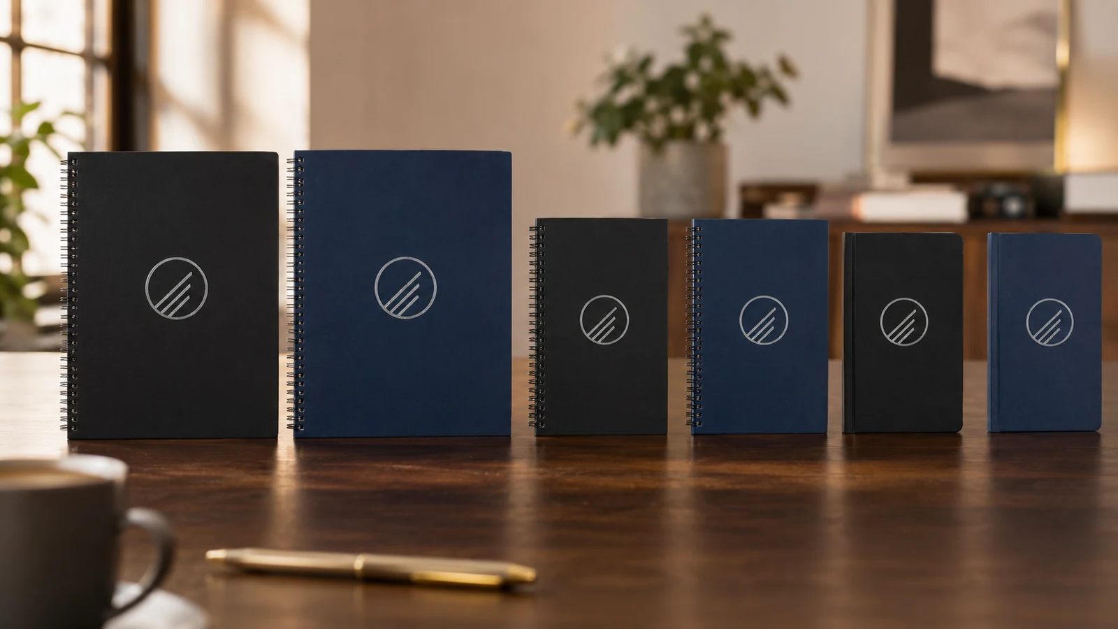 Navy hardcover journals engraved with a company mark